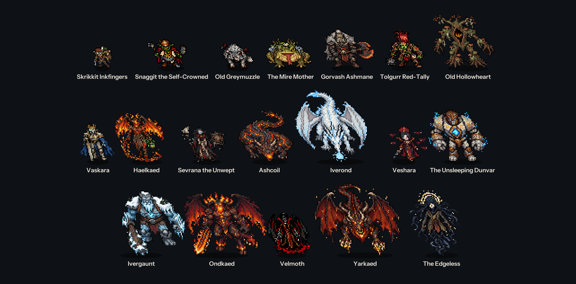 All nineteen bosses with their names, by level: Skrikkit Inkfingers and Snaggit the Self-Crowned first, Yarkaed and The Edgeless last