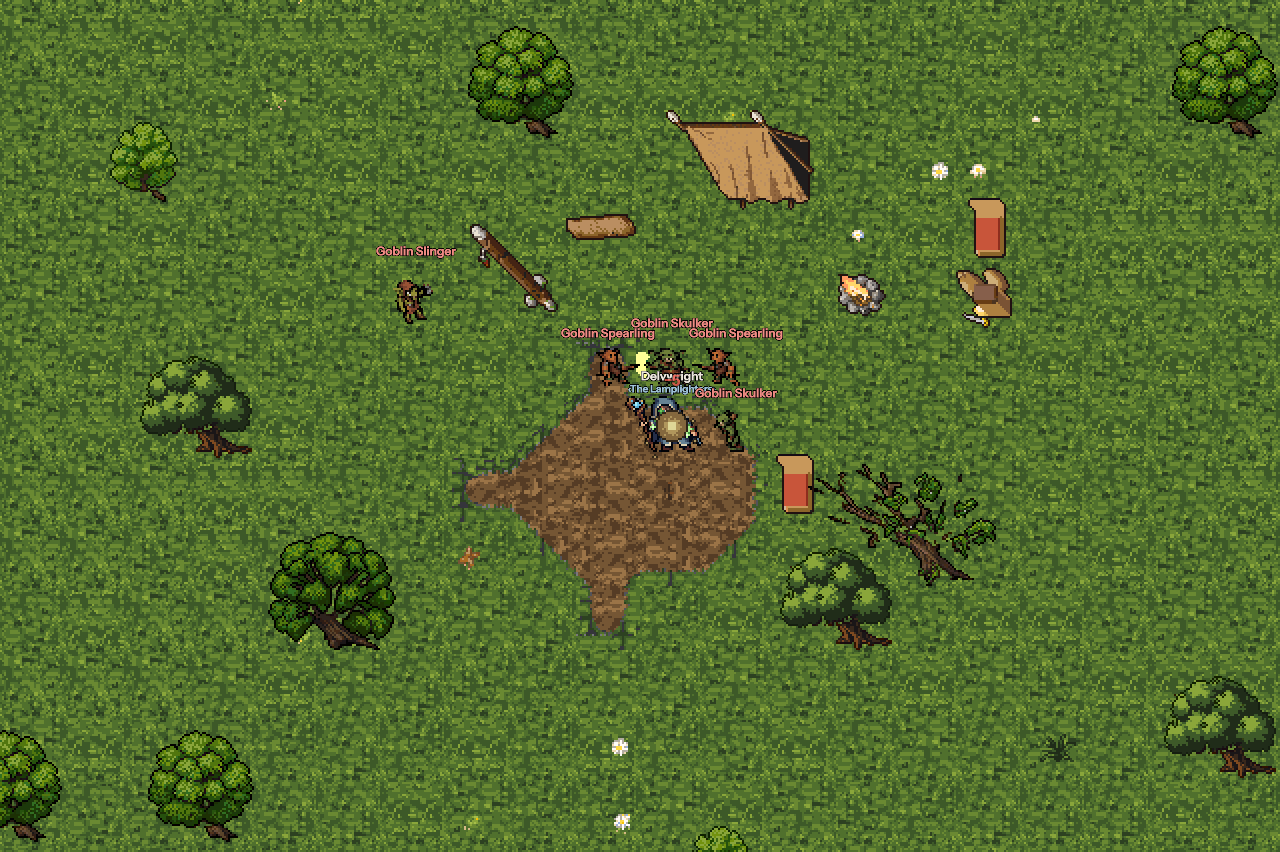 A goblin camp in a meadow: a hide tent, log seats, a campfire, a war banner and goblins