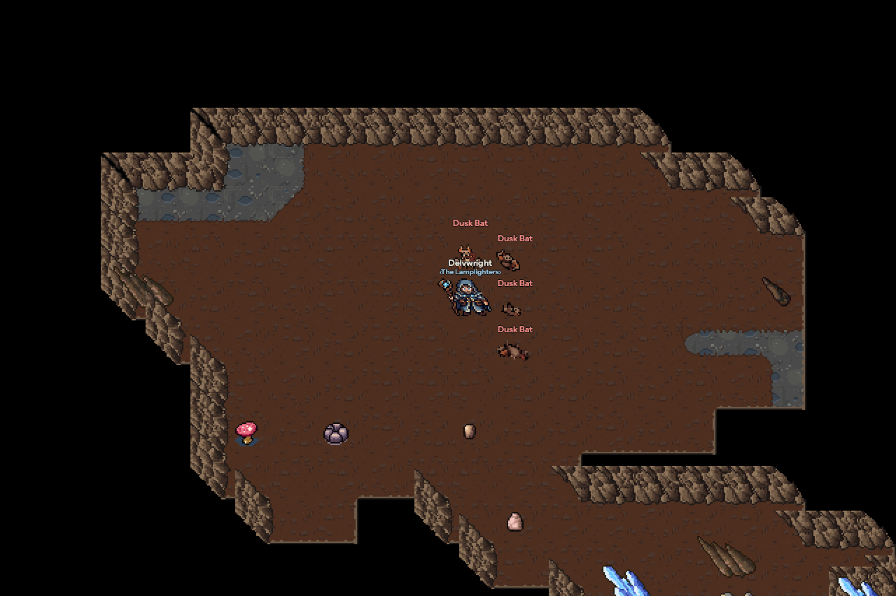 A brown cavern under the Greyspine with dusk bats, mushrooms and blue crystals