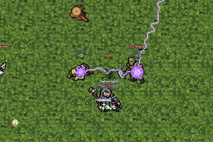 A bolt of lightning jumping from orc to orc through a warband, cast by a mage