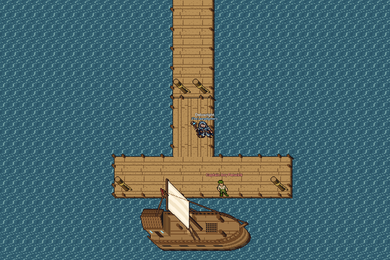 The end of the long wooden pier at Saltmere, the captain waiting by the ship to Velholm