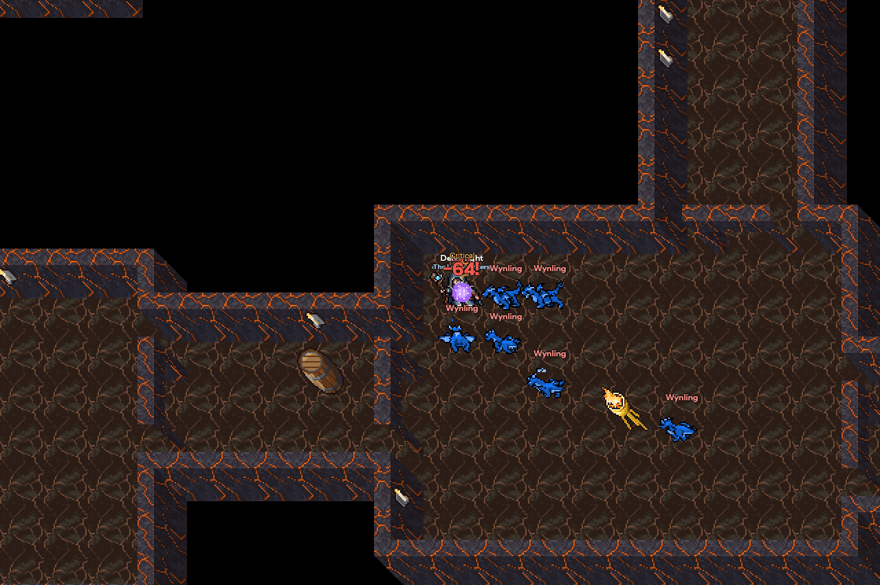 A dragon lair at the bottom of a volcanic pit: blue wynlings and other young dragons around a mage