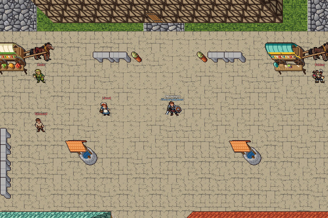 Sun Plaza in Aurelhaven: a produce wagon hitched to a horse and a curio wagon with a mule, the merchants beside them