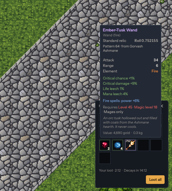 Gorvash Ashmane's remains open on the King's Road, and the tooltip of the Ember-Tusk Wand in them: a Standard relic, roll 0.752155, pattern 64, from Gorvash Ashmane, with its rolled attack, critical, leech and fire bonuses