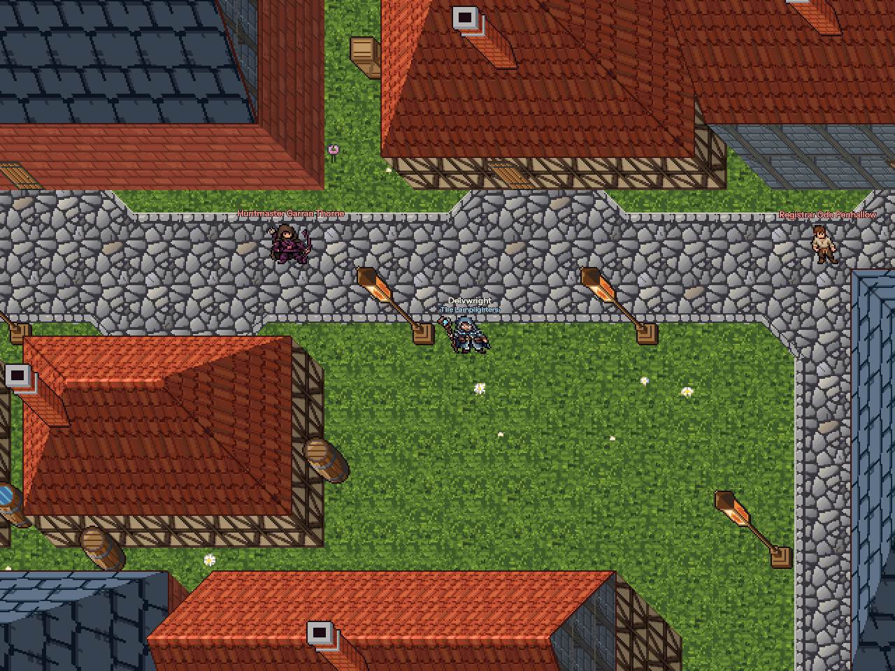 Aurelhaven's west quarter at noon: clay and slate roofs, a cobbled lane and a guard on the corner